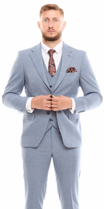 Костюм мужской тройка серо-голубой приталенный Sezzar.by