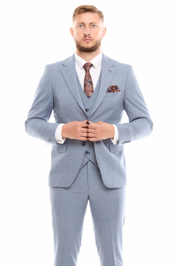 Костюм мужской тройка серо-голубой приталенный Sezzar.by